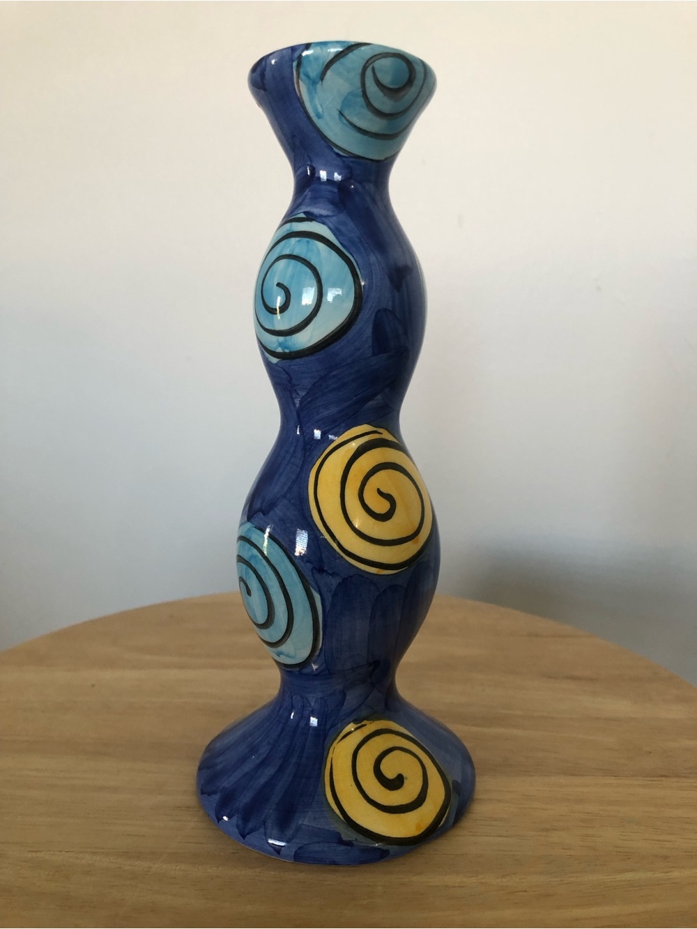 Blue Ceramic Spiral Accent Candle Holder with Yellow & Teal Accents